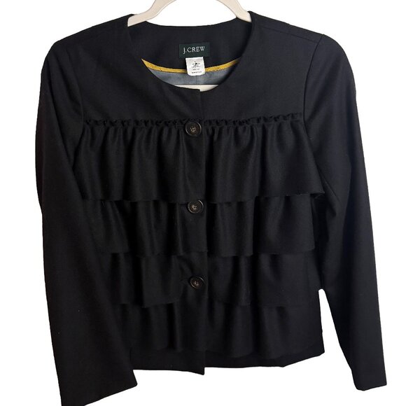 J. Crew Jackets & Blazers - J. Crew Black Wool Lined Buttoned Cascade Ruffle Front Jacket Size 0